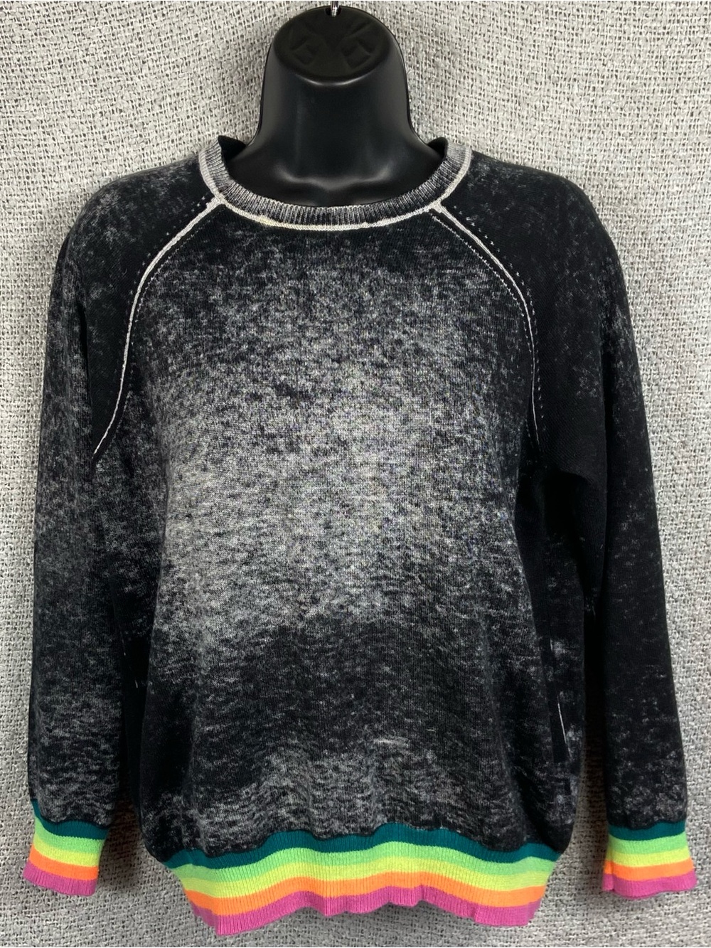 WISPR PRIDE Cotton & Silk Black Washed Sweater with Rainbow Trim Small Festival